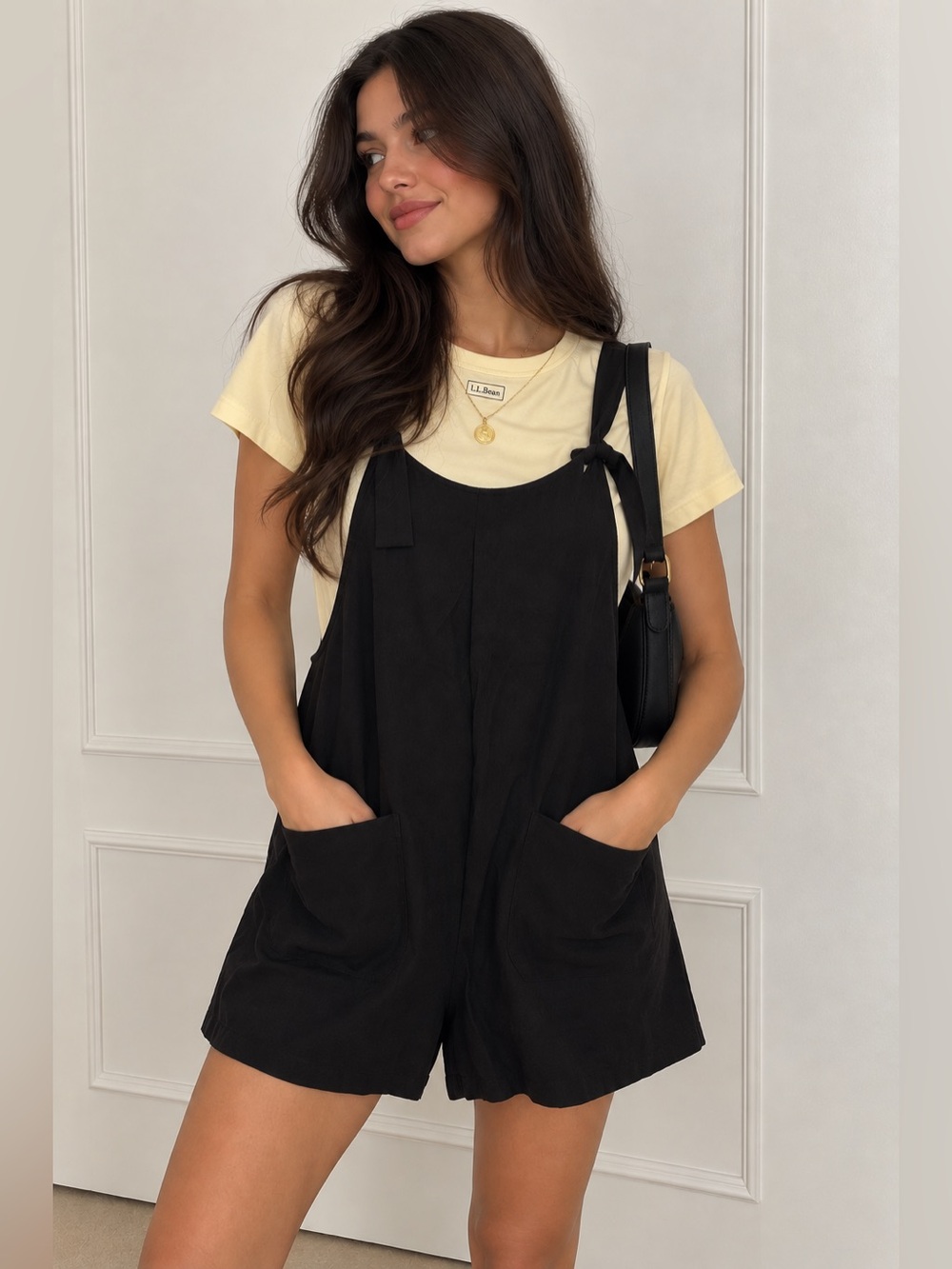 Casual Black Women's Short Overalls with Front Pockets (shirt available)